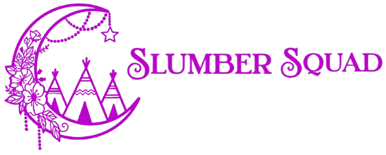 Purple Slumber Squad logo with moon and teepees
