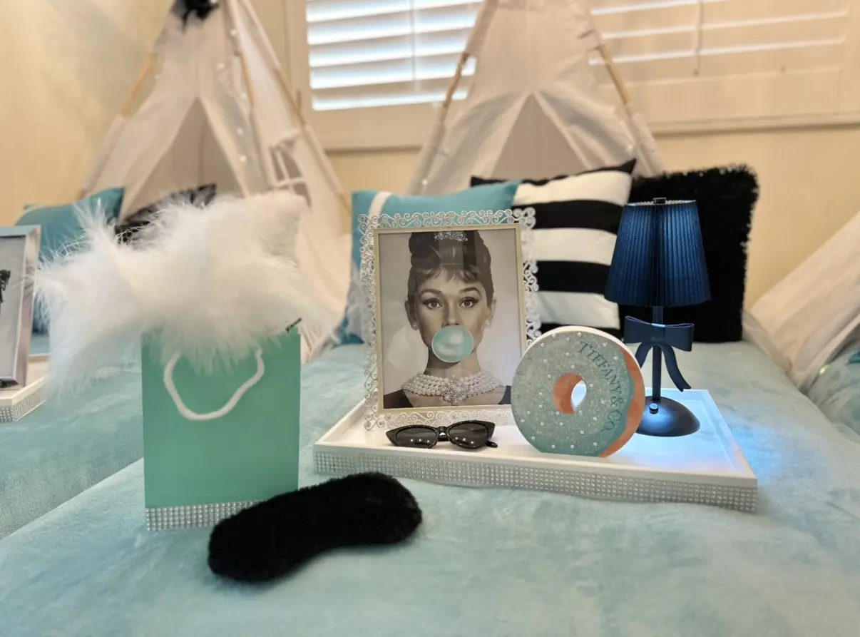 Cozy bed tray with portrait blowing bubble