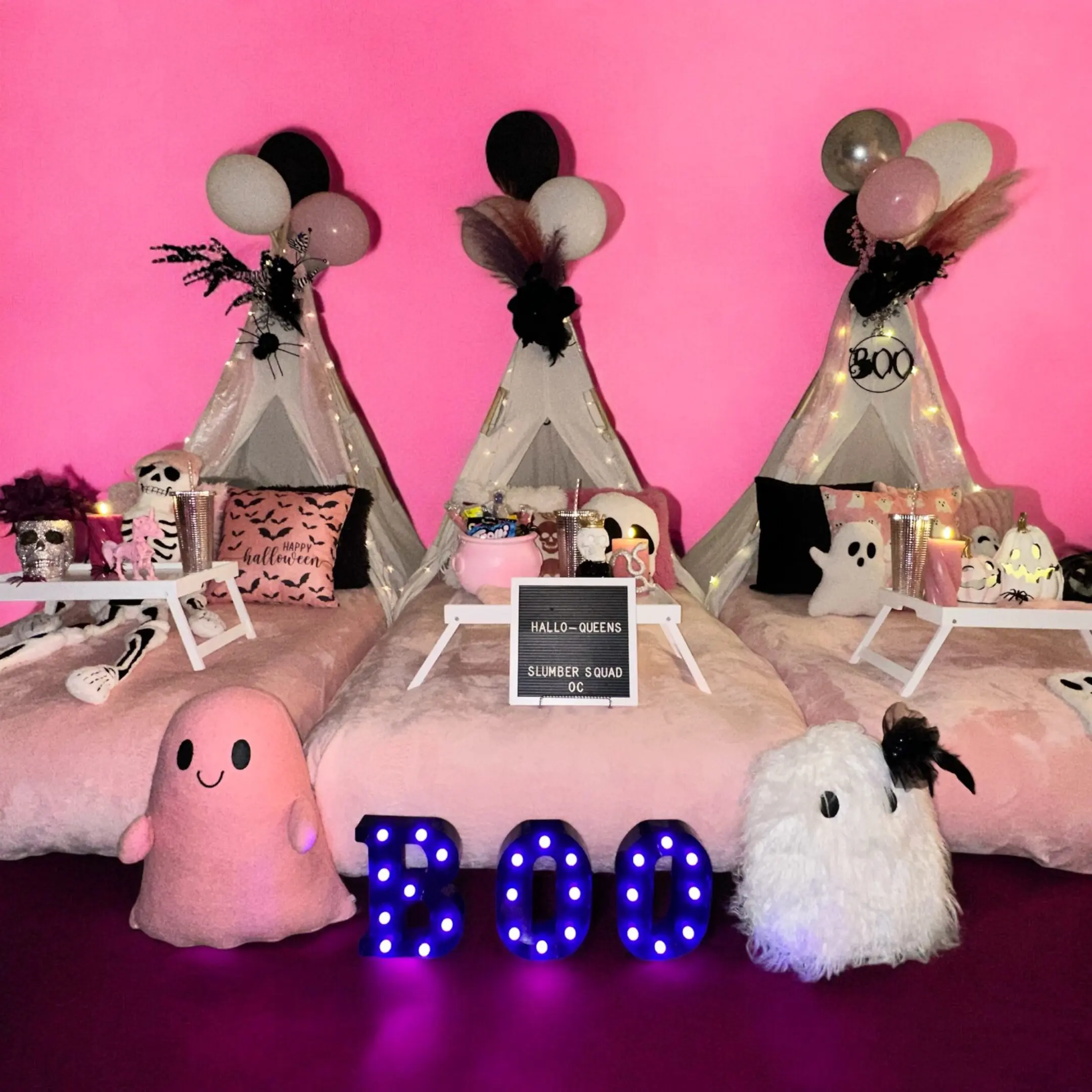 Pink Halloween teepee sleepover with BOO lights