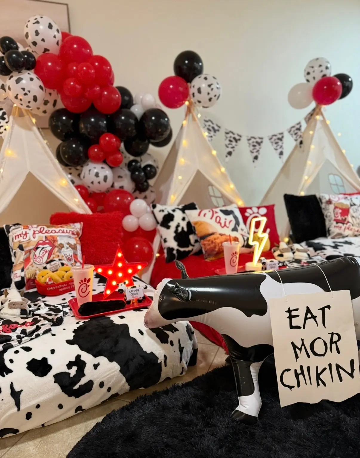 Cow-print slumber party with Eat Mor Chikin
