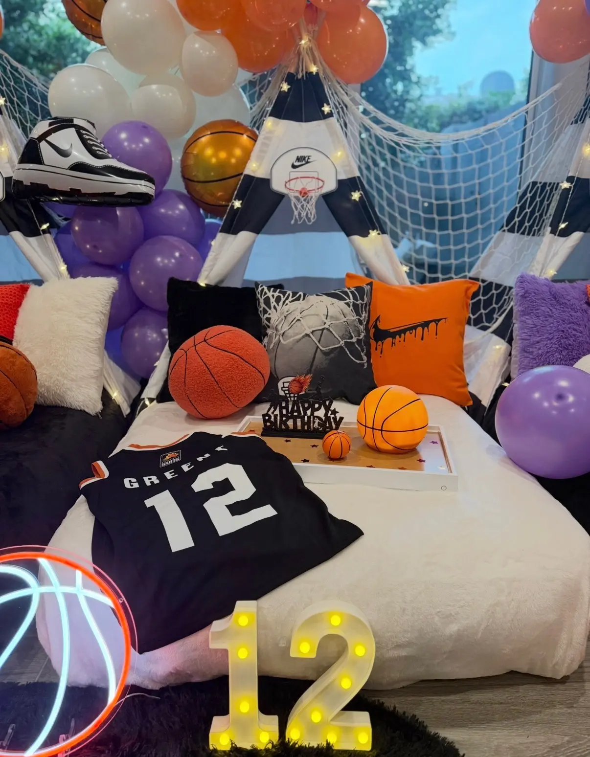 Basketball-themed sleepover scene with glowing 12