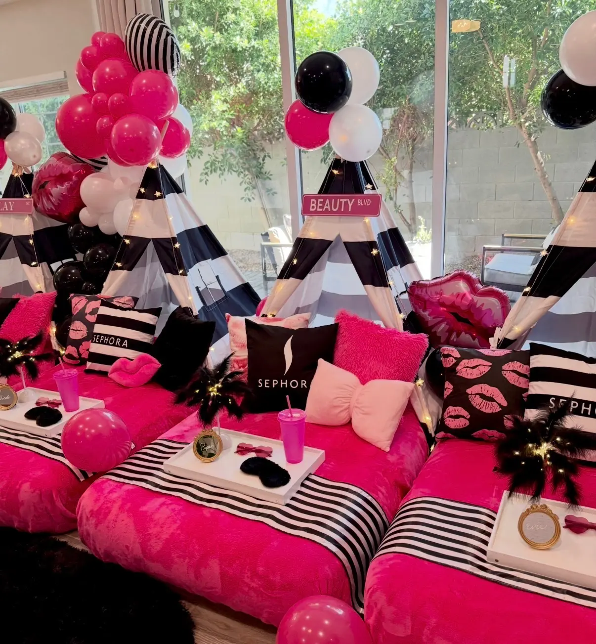 Sephora pink sleepover teepees with balloons