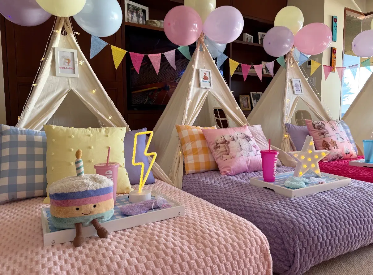 Pastel sleepover teepees with cozy beds