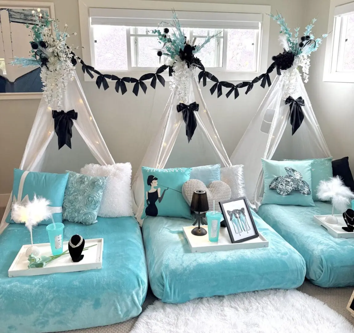 Cozy teal pet beds arranged with toys and decorations in a bright room.