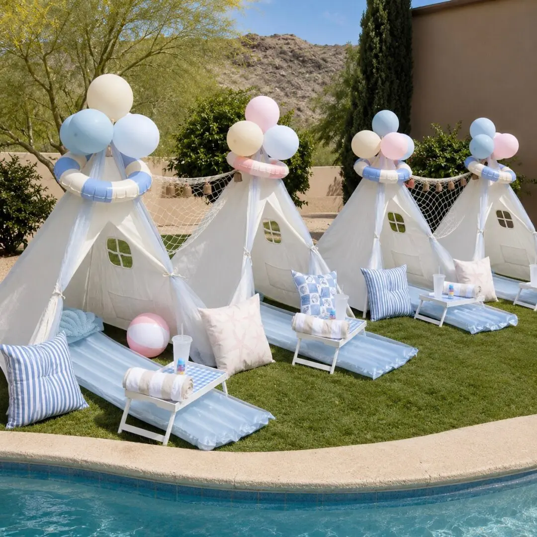 Poolside pastel teepee sleepover setup