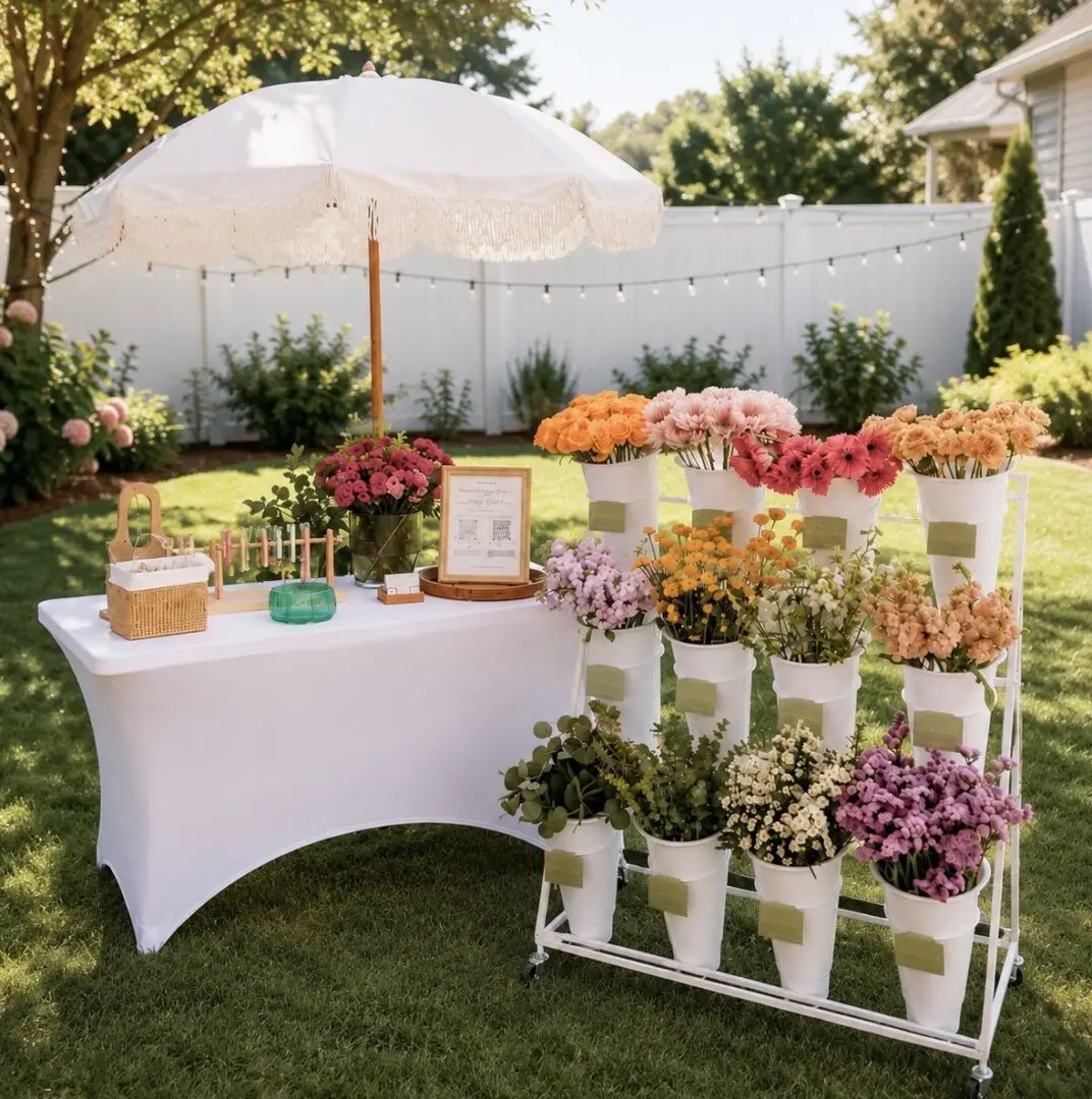 Outdoor flower stand with colorful bouquets