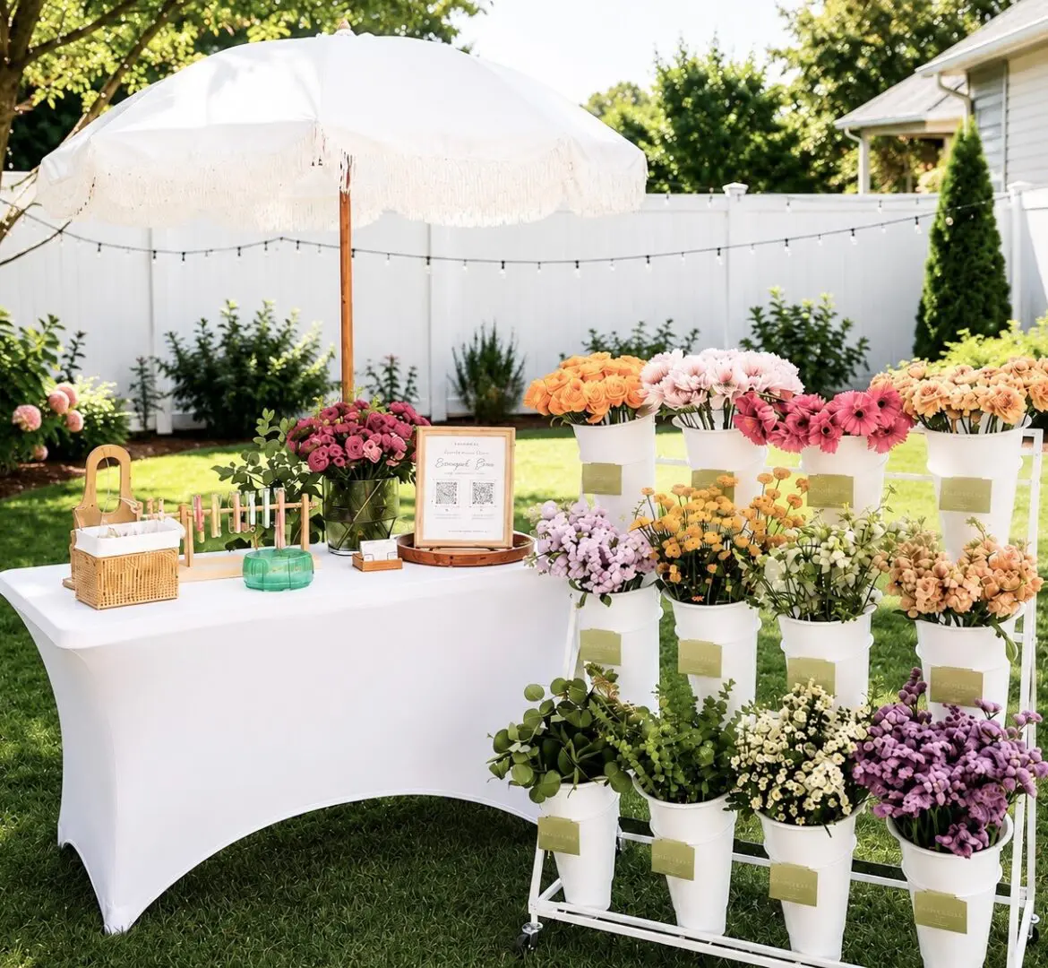 Backyard flower display with white umbrella