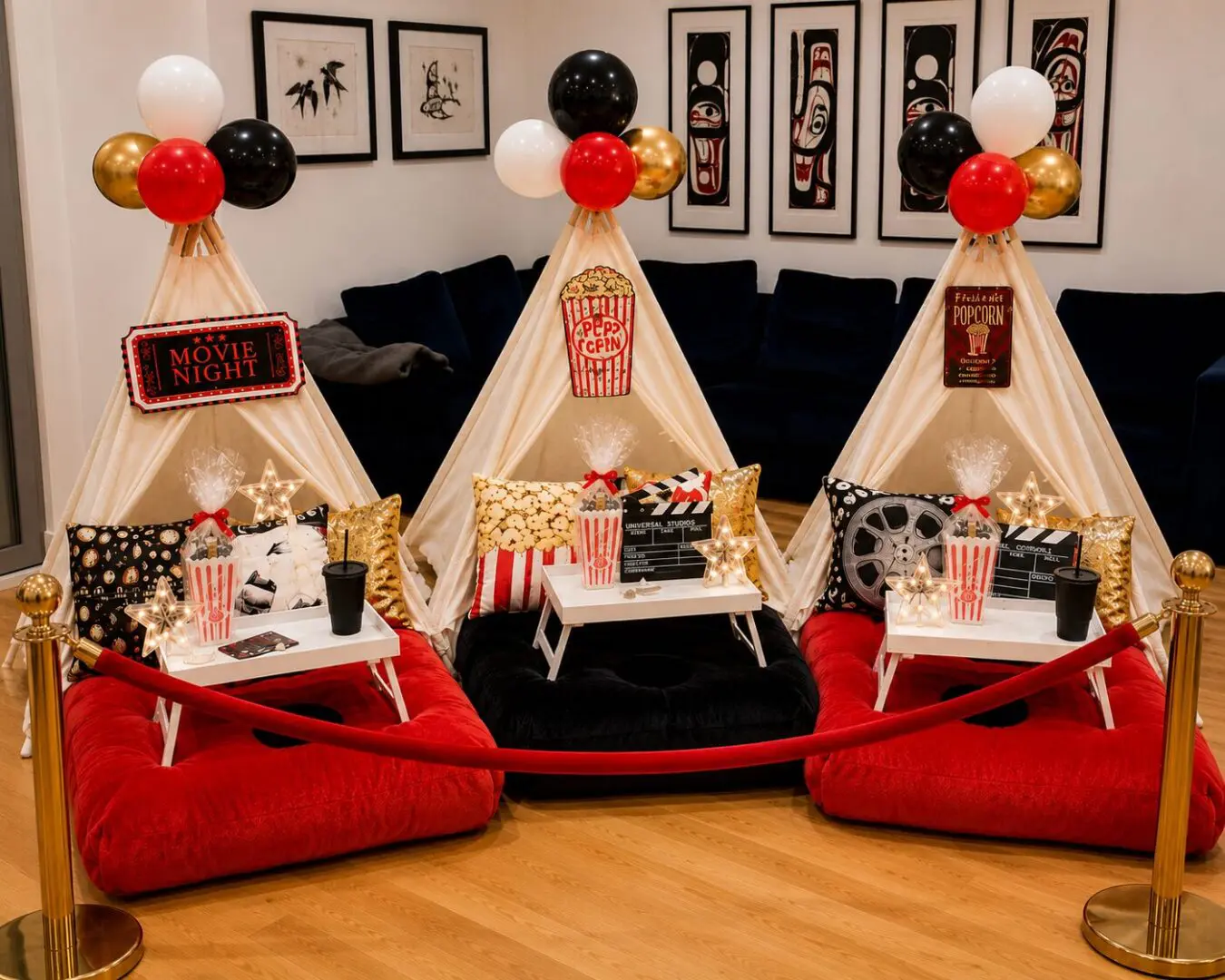 Three cozy indoor movie night teepees