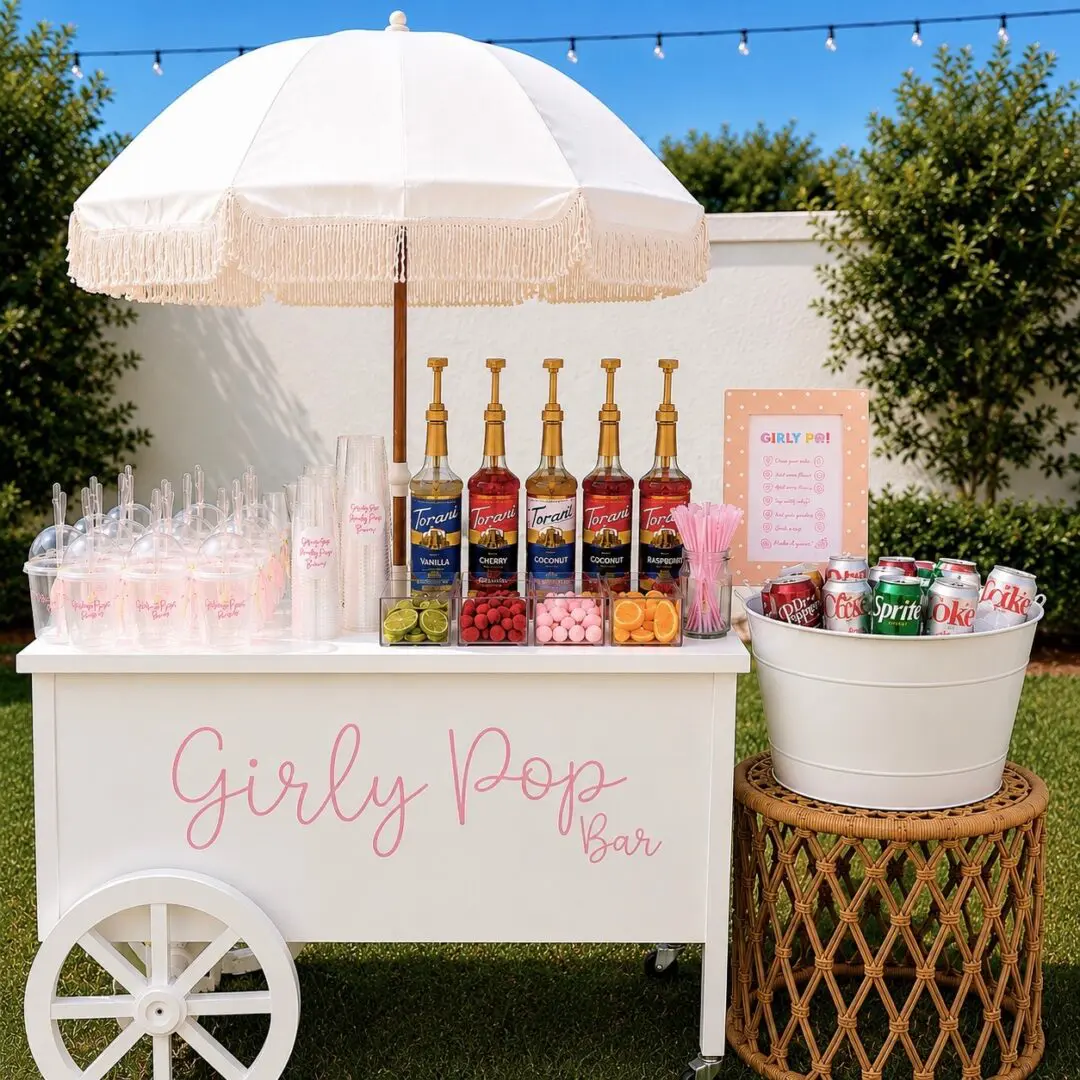 Girly Pop beverage cart with syrup bottles