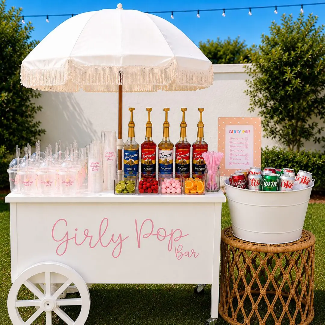 Pink girly pop soda cart with umbrella