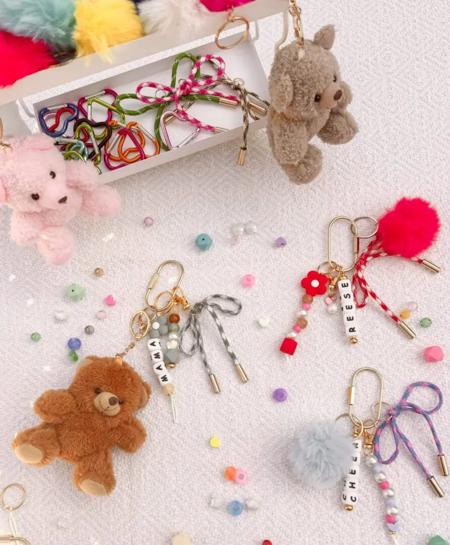 Plush teddy keychains with colorful beads