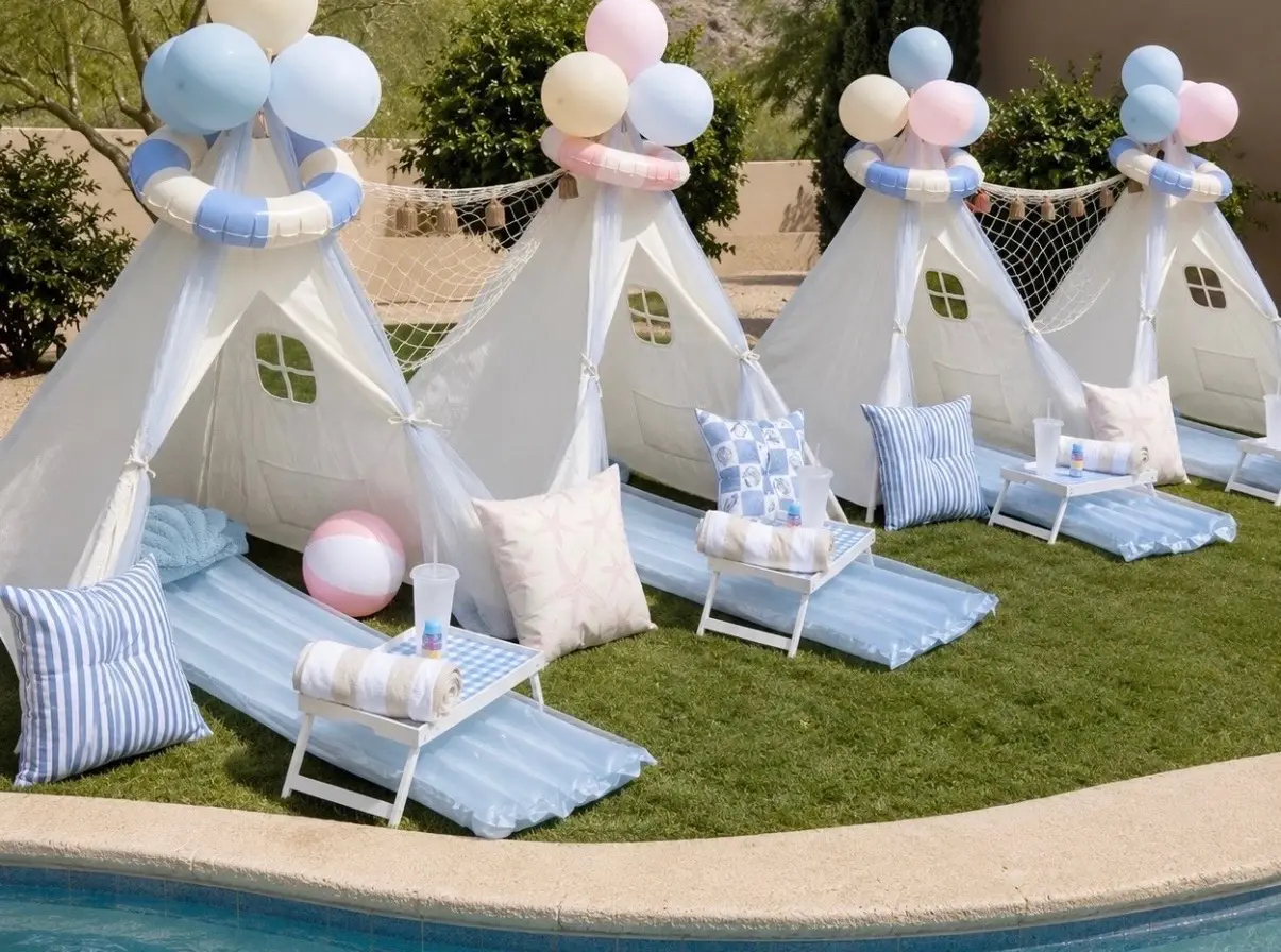 Pastel teepees with pillows by pool