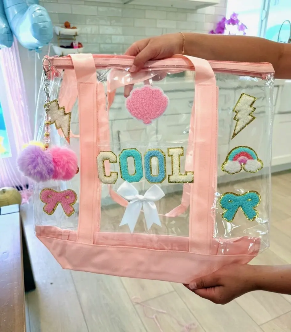 Clear pink PVC tote bag with COOL patches