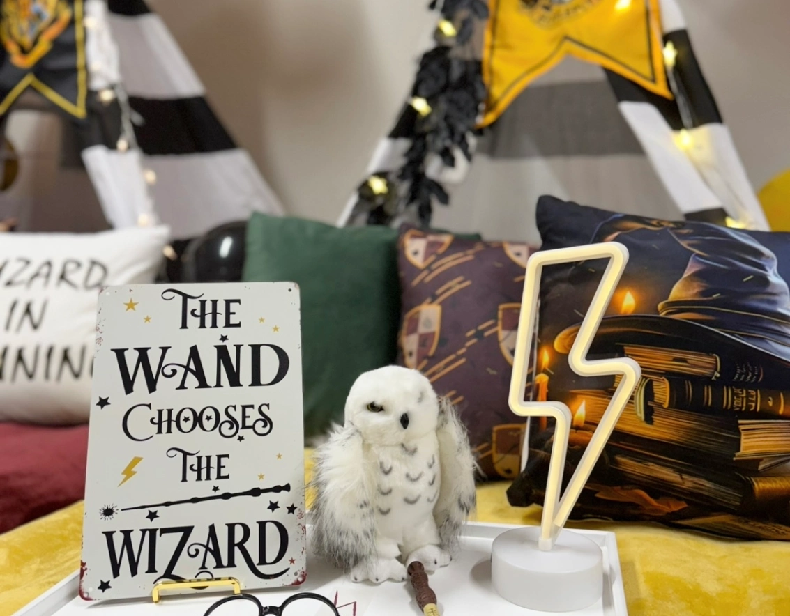 Wizard display with white owl and bolt lamp