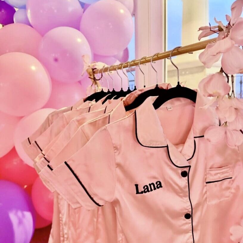 Personalized pink satin pajamas with balloons
